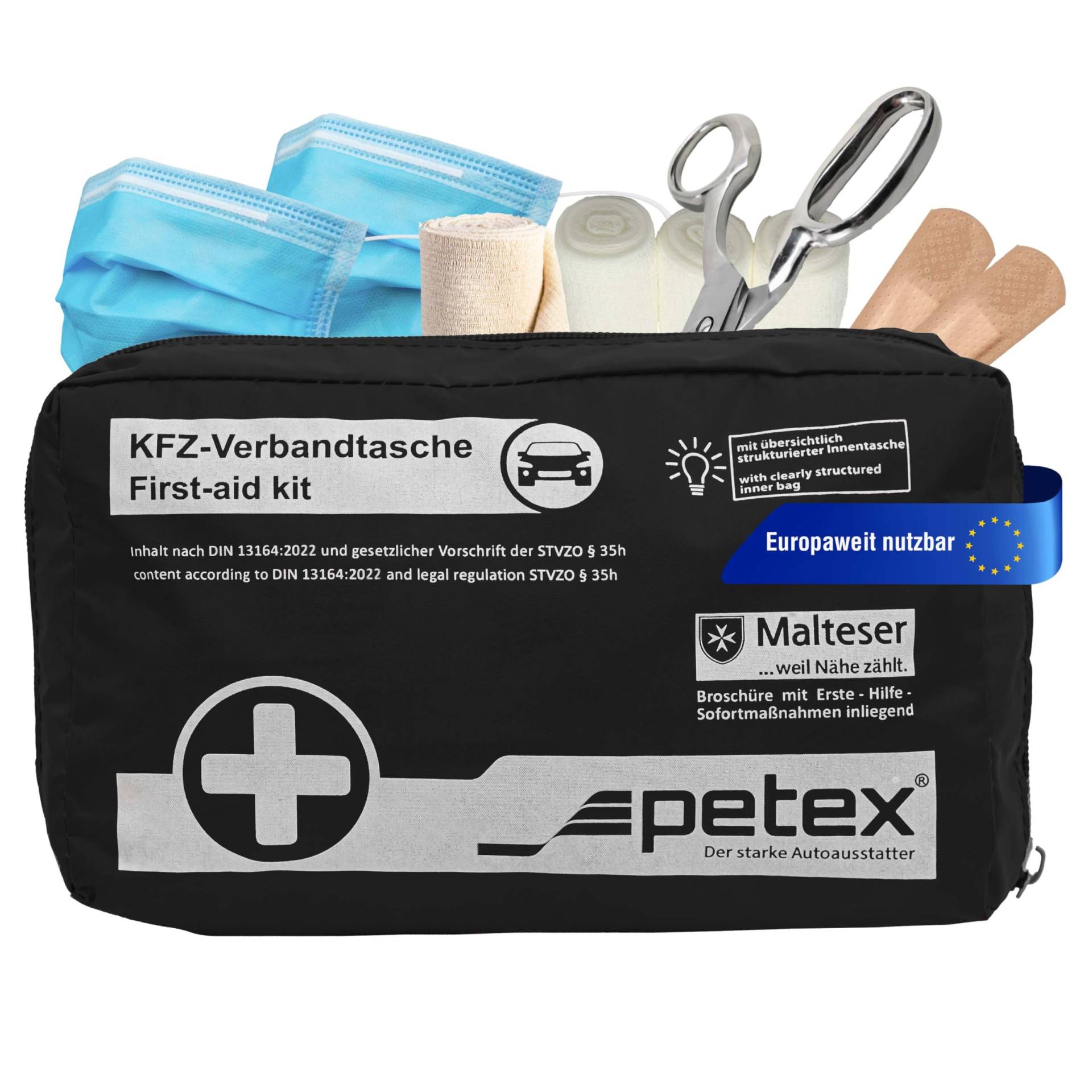 Petex Verbandtasche KFZ-Verbandtasche, schwarz, aktuelle Norm 2023 Inhalt nach DIN 13164:2022 von PETEX