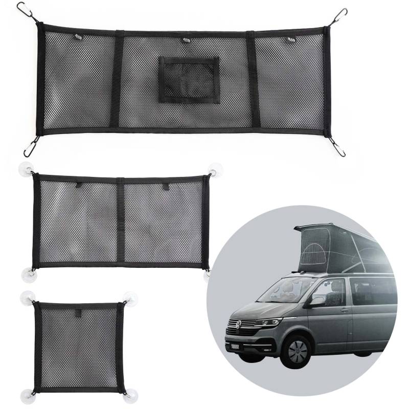 040 Parts 3er Set Gepäck-Netz Aufbewahrungs-Netz für alle Fenster und das Aufstelldach kompatibel mit VW T5 T6 Bulli, Multivan, California, Beach, Caravelle von 040 Parts