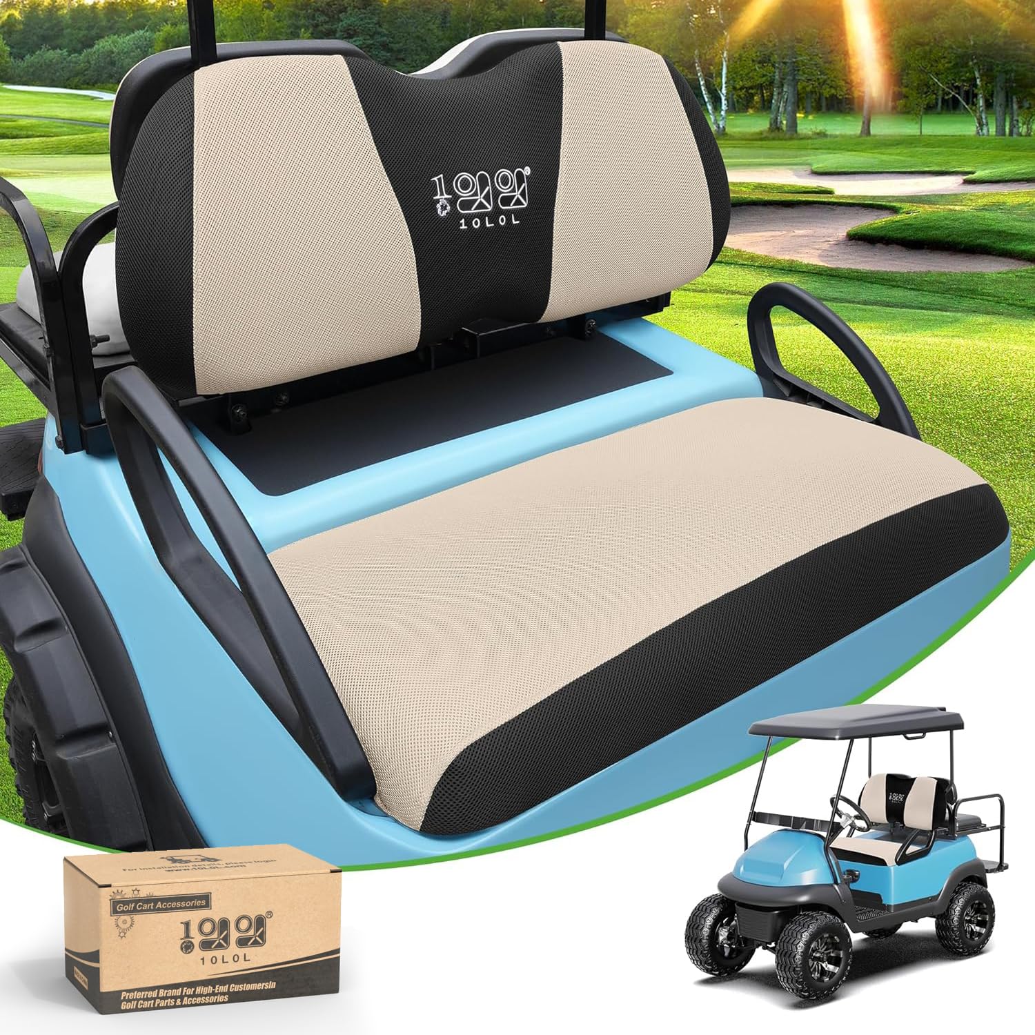 10L0L Golf Cart Sitzbezüge-Set, waschbares Polyester-Netzgewebe, passend für Club Car DS und Precedent, Yamaha Electric Golf Carts, Beige + Black-fits Club Car DS & Precedent, Yamaha von 10L0L