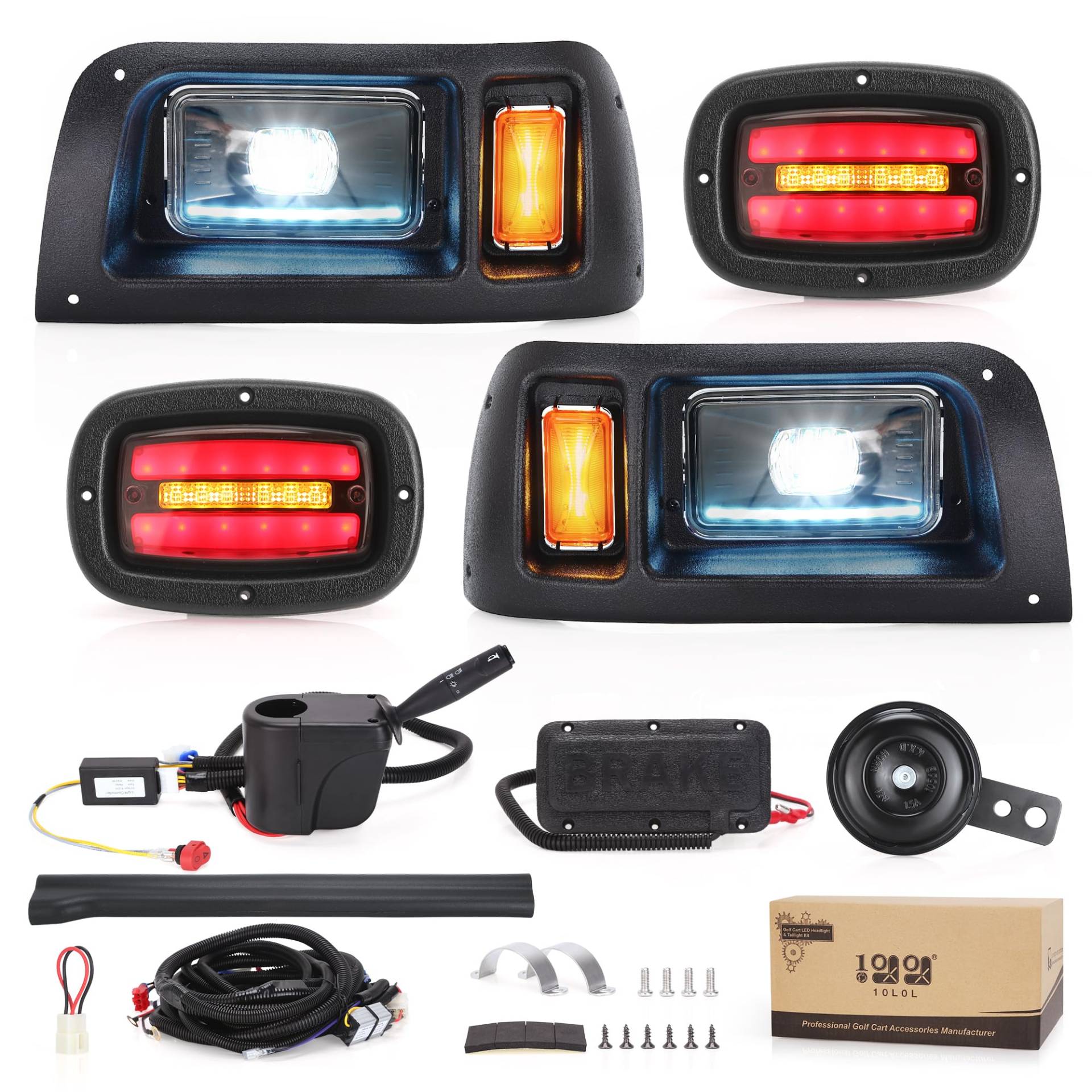 10L0L Golfwagen Deluxe Tagfahrlicht Kits für EZGO TXT (12 V-48 V) mit universalem Deluxe-Licht-Upgrade-Set, mit Blinkern, Schalter, Hupe, Bremslichter, Kabelbaum von 10L0L