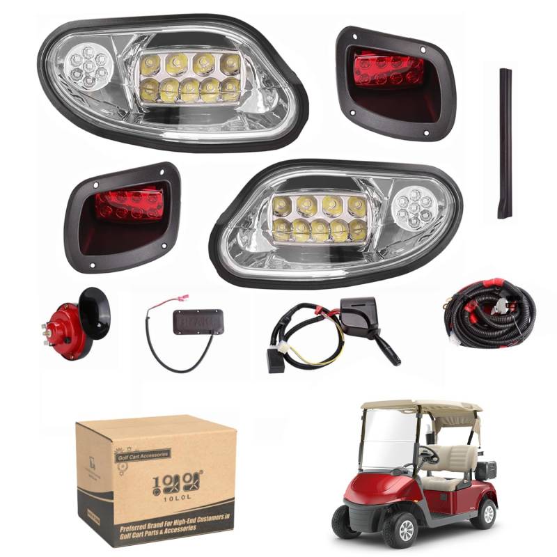 10L0L Golfwagen-LED-Licht-Set für EZGO Freedom/T48 ab 2014 (Gas und Elektro) mit Universal-Deluxe-Licht-Upgrade Kit, Blinkern, Schalter, Hupe, Bremslichter, Kabelbaum muss auf 12 V betrieben werden. von 10L0L