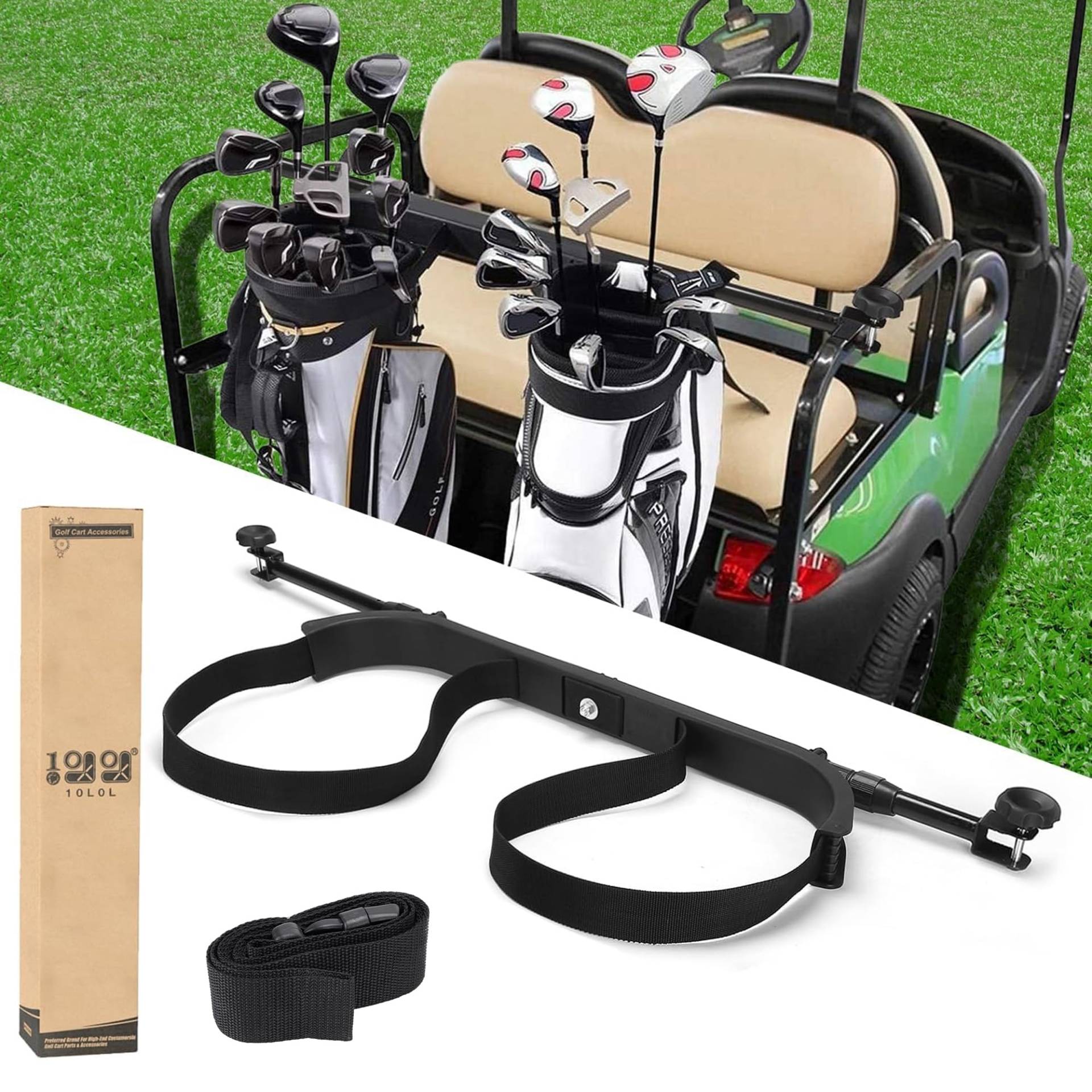 10L0L Universal Golftaschenhalter Befestigung ohne Bohren für Yamaha EZGO Club Auto Verstellbarer Rücksitz Golfwagen Schlägerhalter Ein zusätzlicher Gurt ist im Lieferumfang enthalten von 10L0L