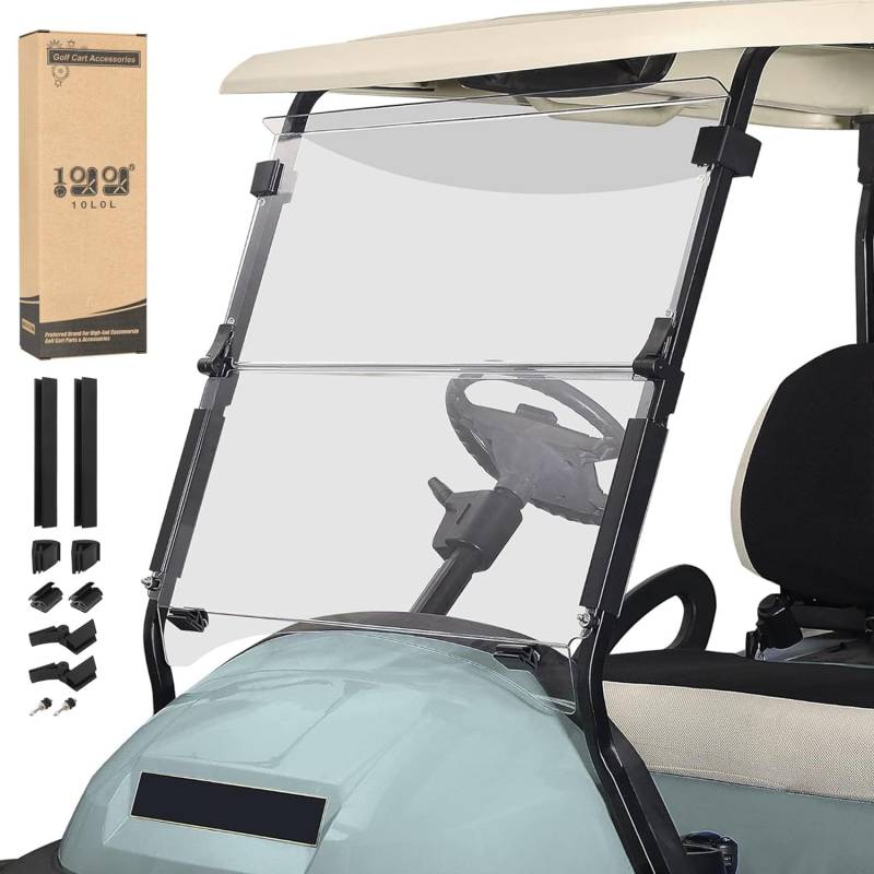 Golfwagen-Windschutzscheibe für Club-Auto, Precedent Gas oder Elektro (ab 2004), transparent, herunterklappbar, Anti-UV-Schutz, stoßfest, 94 cm B x 84 cm H von 10L0L