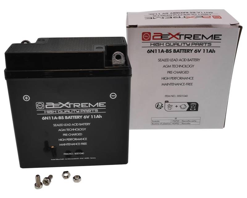 2EXTREME 6V 11Ah 6N11A-BS AGM Batterie, wartungsfrei versiegelt und vorgeladen kompatibel für BMW R 26 27, Simson S 50 51 53 70 83, SR50, SR80, Heinkel, Bella, Mz von 2EXTREME