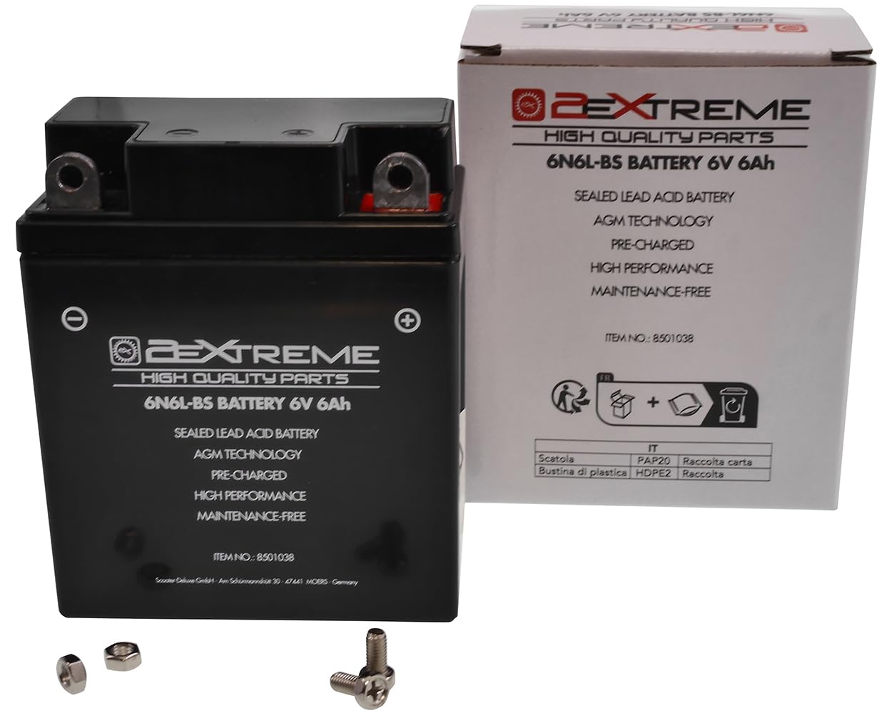 2EXTREME Batterie 6N6L-BS 6V, 6Ah AGM wartungsfrei, 97x55x115mm kompatibel mit Honda CB 125, SL 125, XL 250, kompatibel mit Yamaha DT 125 175 250 400, XT 500, von 2EXTREME