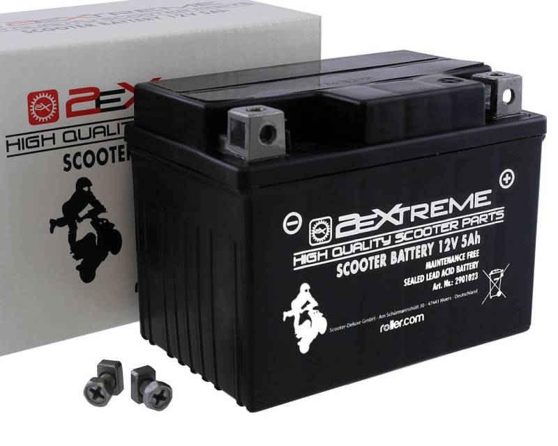 2EXTREME Batterie 12V 5Ah SLA4L-BS, wartungsfreie versiegelte und vorgeladene Rollerbatterie kompatibel für APRILIA SR 50, Mojito Custom, CPI Aragon, Oliver, EXPLORER Spin GE, Race GT 50ccm von 2EXTREME