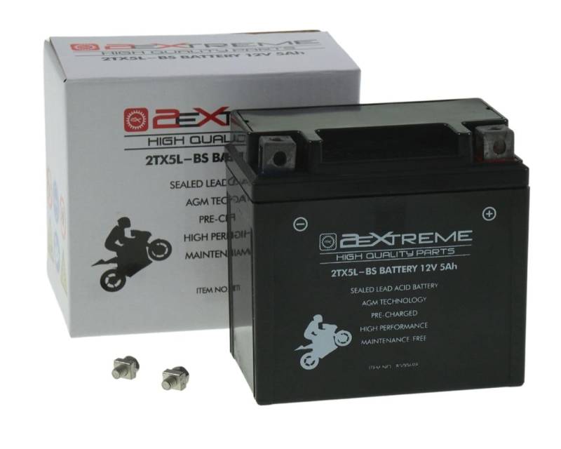 2EXTREME 12V 5Ah 2TX5L-BS Motorrad Batterie, wartungsfrei versiegelt und vorgeladen kompatibel mit 504012003, YTX5L-BS, GTX5L-BS Roller Quad Moped… von 2EXTREME