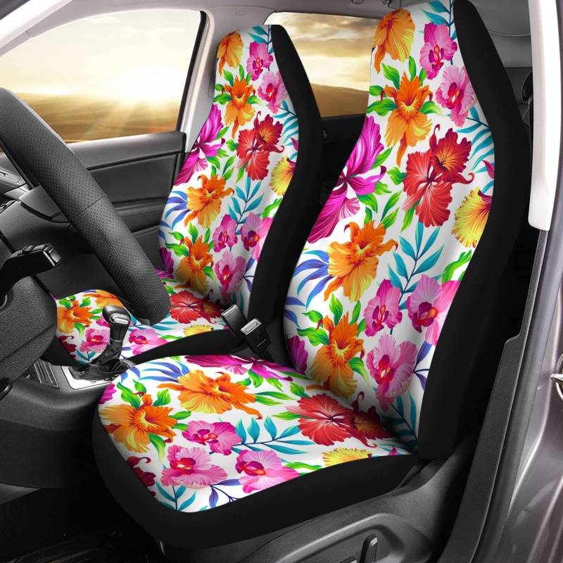 351 2 Stücke Auto Sitzbezüge Bunter Hibiskusblüten-Druck, Katzendruck Autositzbezüge Vordersitze Premium Design Sitzbezug Auto Vordersitze Passform Autositzbezug Für Autos von 351