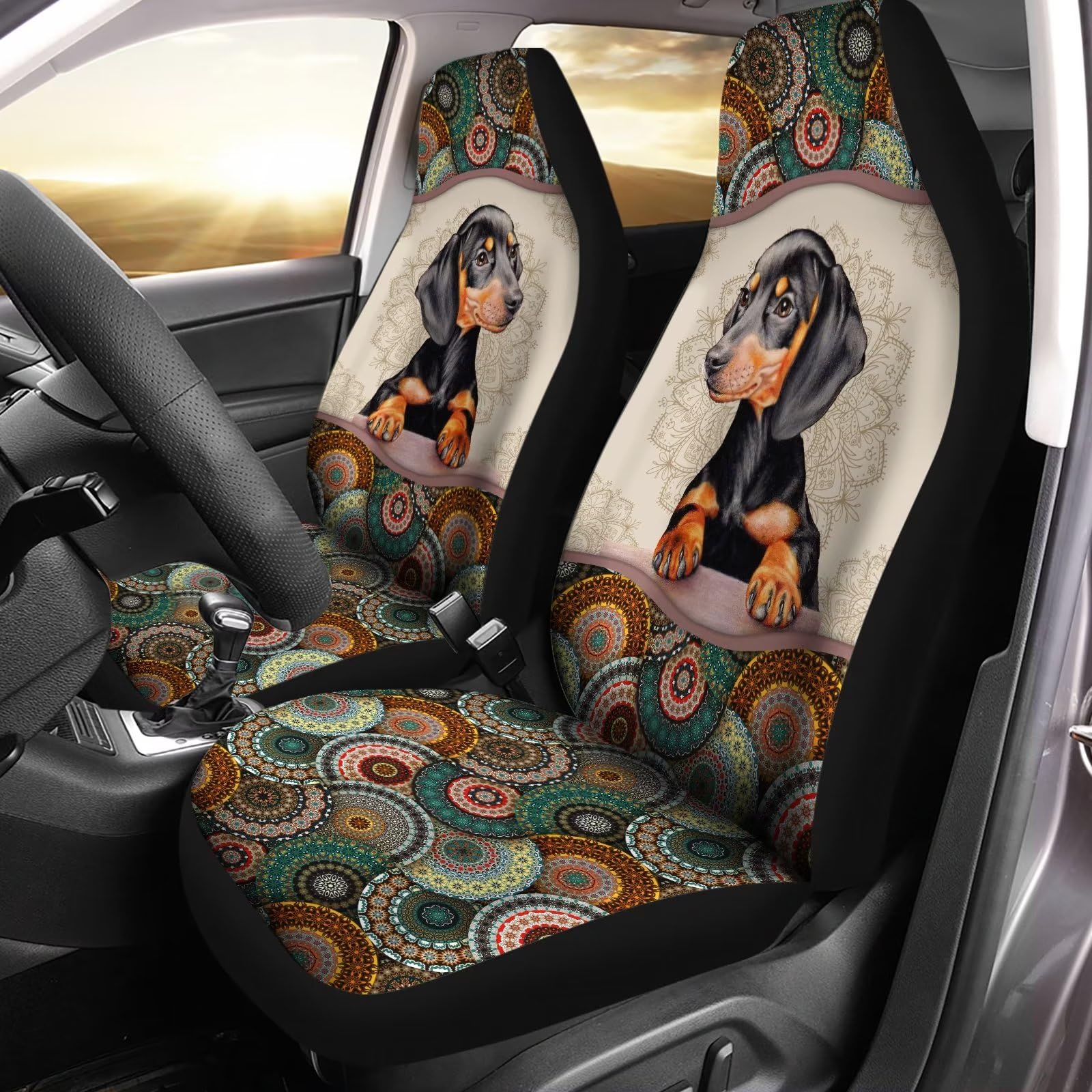 351 2 Stücke Auto Sitzbezug Boho Mandala Dackel Druck Autositzbezug Sportliche Autositz Schonbezug Top-Qualität Autositzbezüge Für Wohnmobil, Suvs, Lastwagen, 52X138Cm von 351