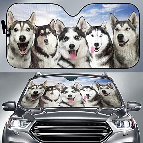 Auto Windschutzscheibe Sonnenschutz Faltbar Auto Windschutzscheibe Sonnenschirm Auto Windschutzscheibe Sonnenblende Universal Für Lastwagen Wagen Lustiger Siberian Husky-Hundefamilien-Blauer Himmel M von 351