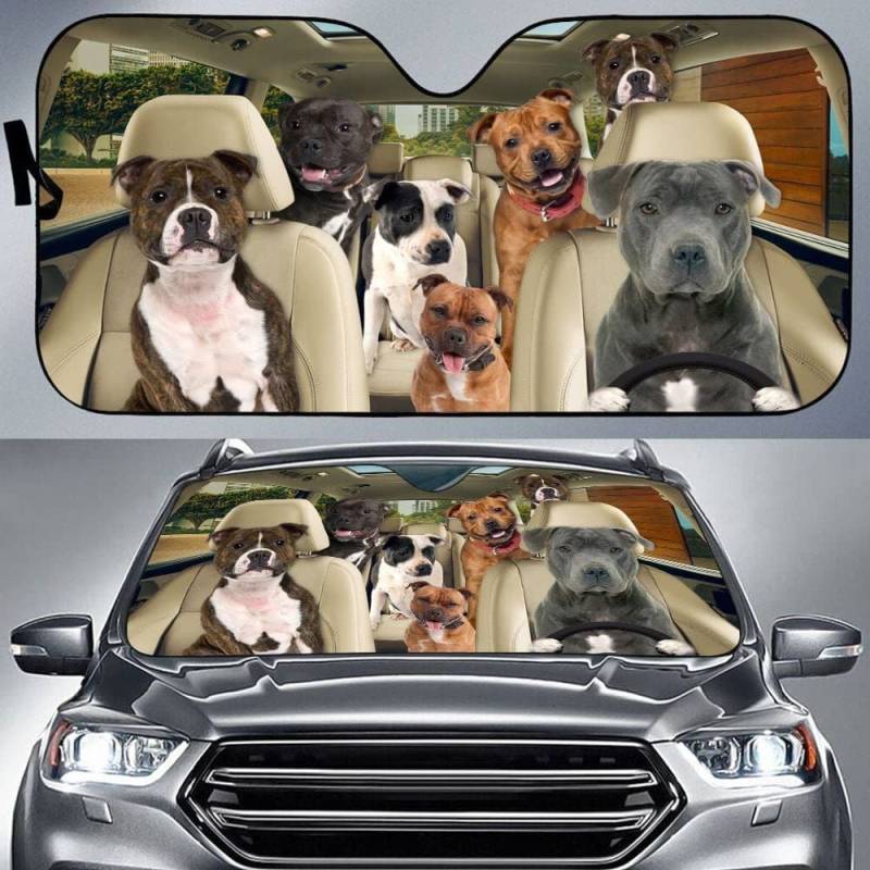 Autoscheibenabdeckung Einfache Lagerung Auto Windschutzscheiben Abdeckung Sonnenschutz Frontscheibenabdeckung Universal Für Lastwagen Sommer Staffordshire-Terrier-Familie Am Steuer, Für M von 385