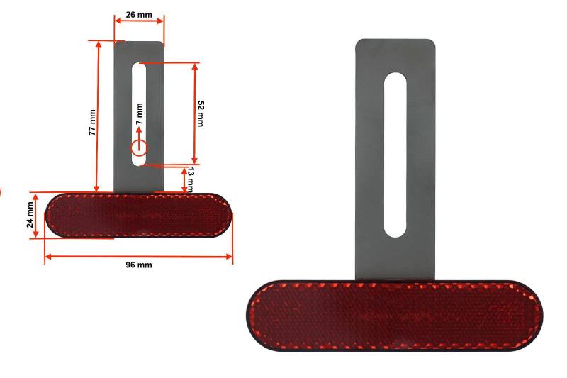 3D Carbon Design 1 x Premium Edelstahl T-Halterung (lang 77mm) mit rotem Reflektor, E-geprüft, universal für Motorrad (77mm T-Halterung) von 3D Carbon Design