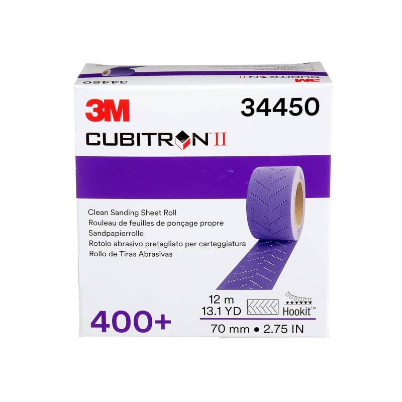 3M Cubitron II Hookit Schleifblattrolle, 34450, Multi-Loch, 70 mm x 12 m, 400+ Grade, Automotive Schleifpapier für Beschichtungsentfernung, Karosseriereparatur, Autoschleifen von 3M