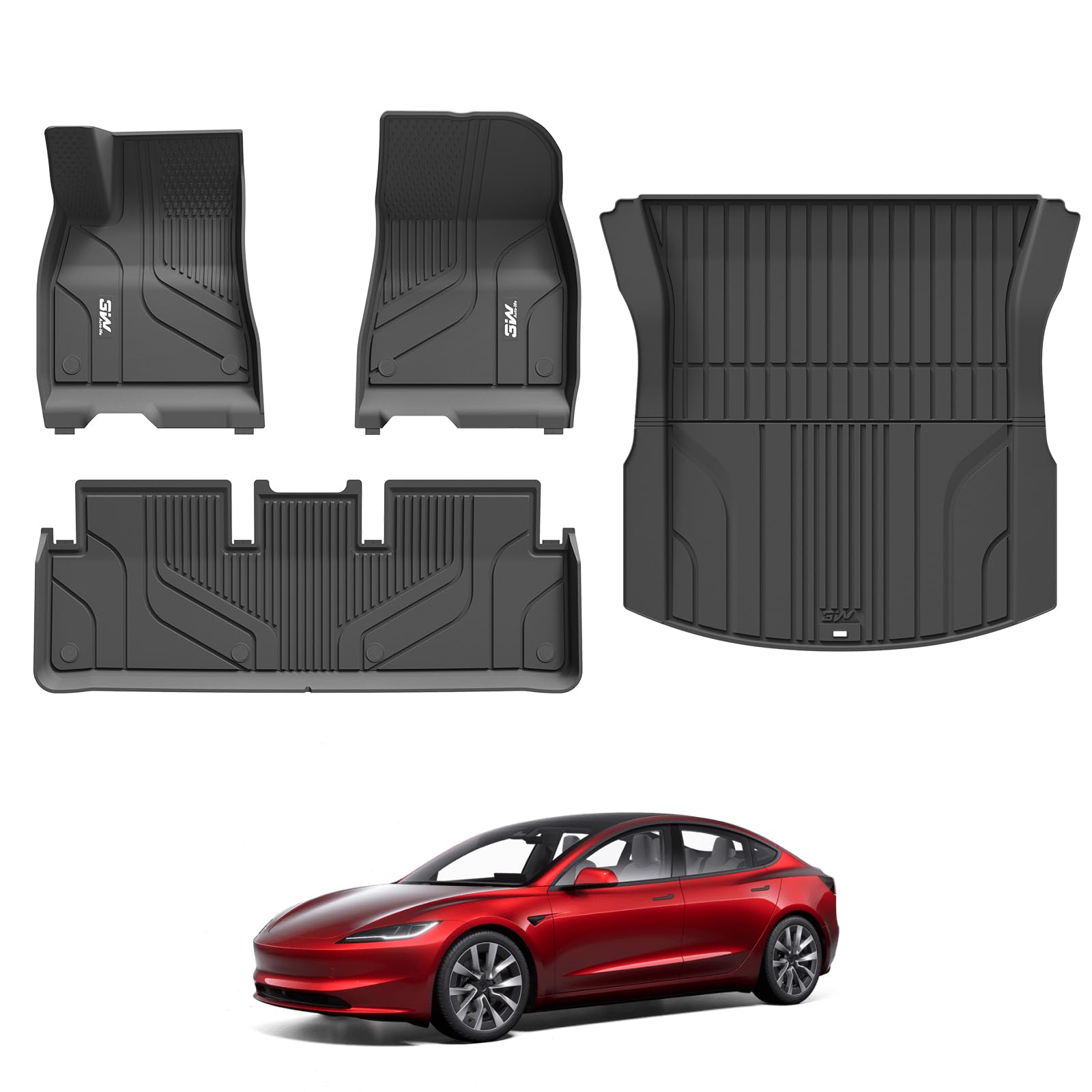 3W Model 3 Fußmatten Auto Kofferraumwanne Set Maßgeschneiderte Kompatibel für Tesla Model 3 Highland 2024,Alle Wetter Hundegerecht TPE Fussmatte Auto Kofferraummatte,Model 3 Highland Accessories von 3W