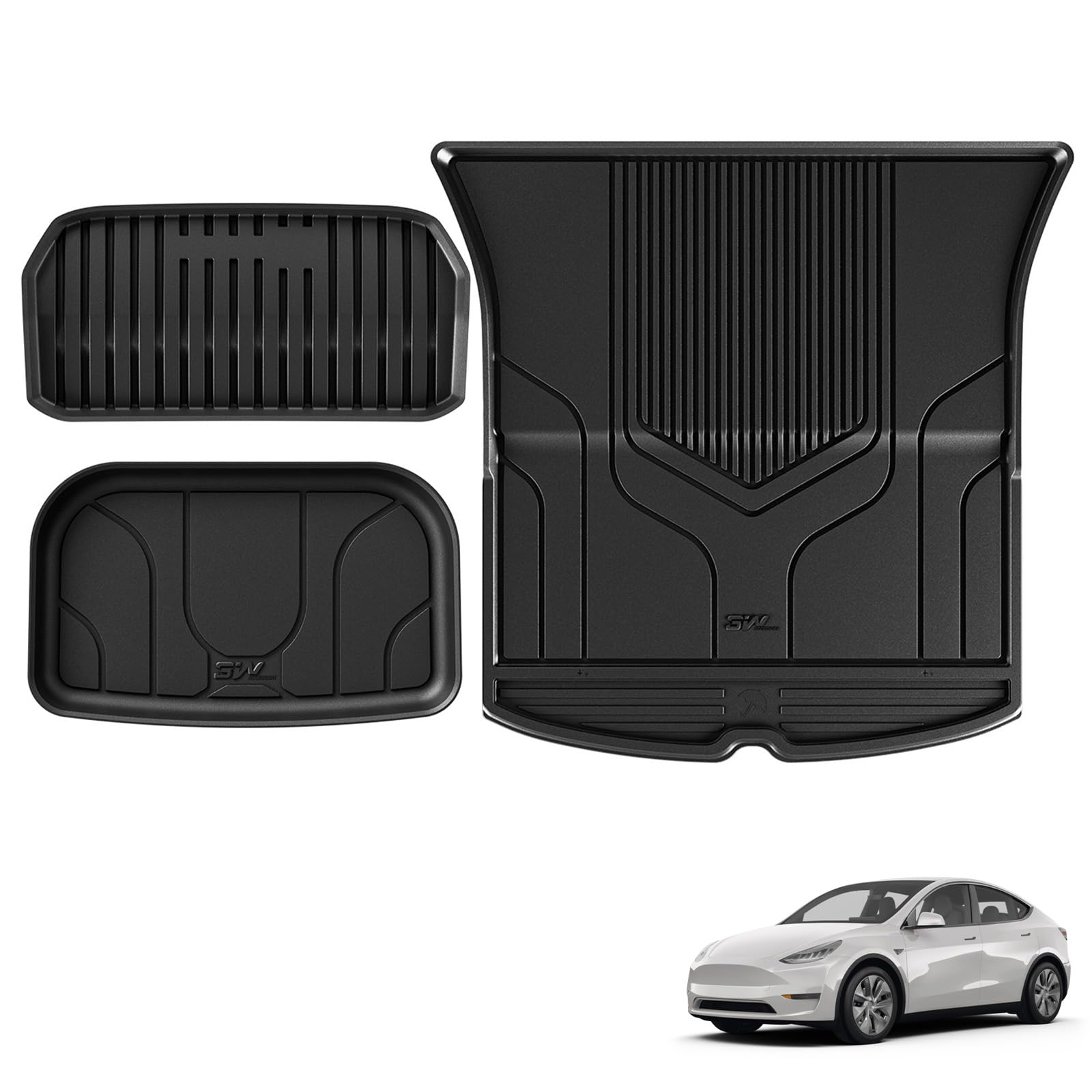 3W Model Y Kofferraumwanne Set 3PCS Kompatibel für Tesla Model Y 2020-2024,Hundefreundliche TPE Kofferraummatte Alle Wetter,rutschfeste Kofferraum Schutzmatte für Vorder und Rücksitze,Model Y Zubehör von 3W