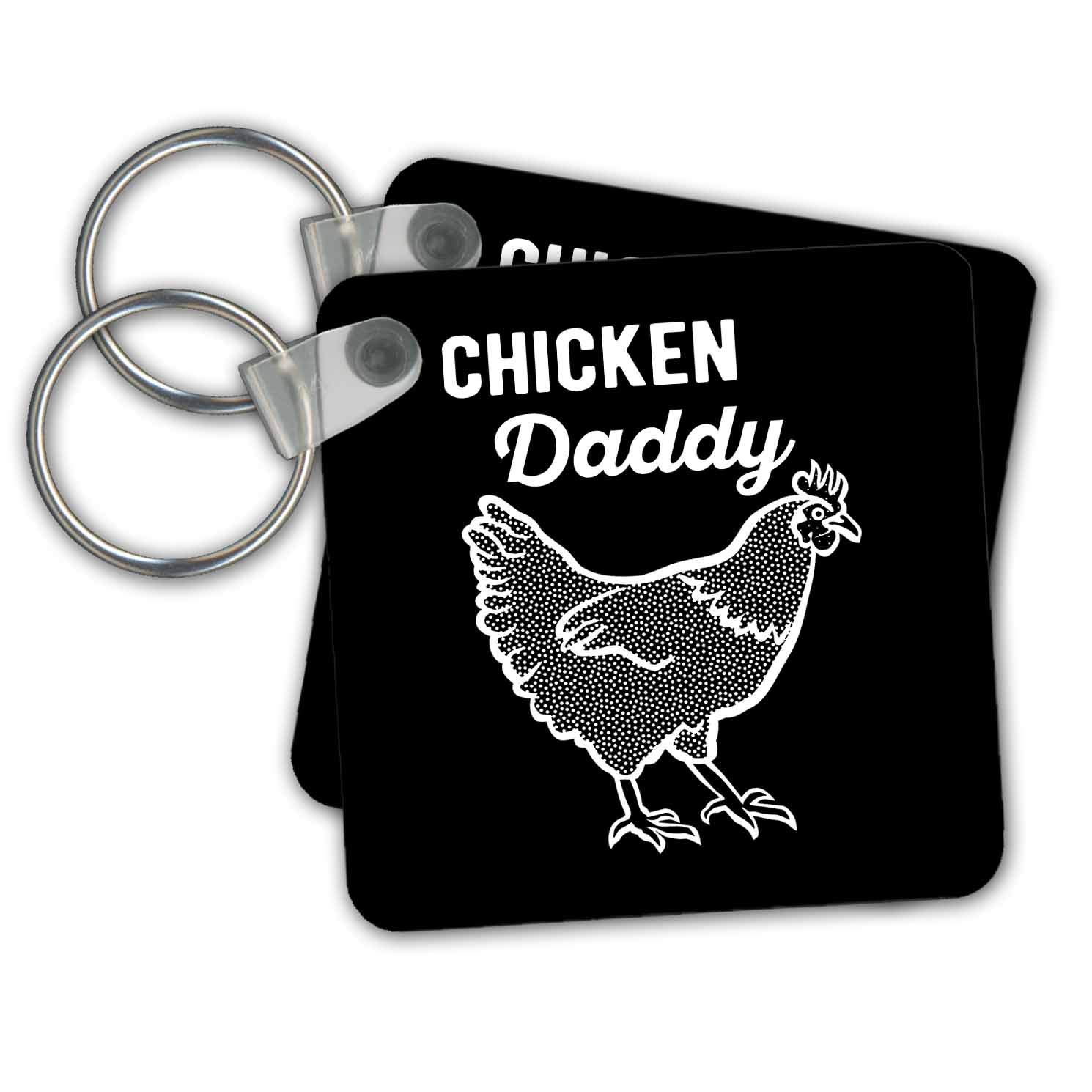 3dRose Chicken Daddy Kc-344239-1 Schlüsselanhänger mit weißem Schriftzug und Huhn-Clipart auf schwarzem Hintergrund von 3dRose