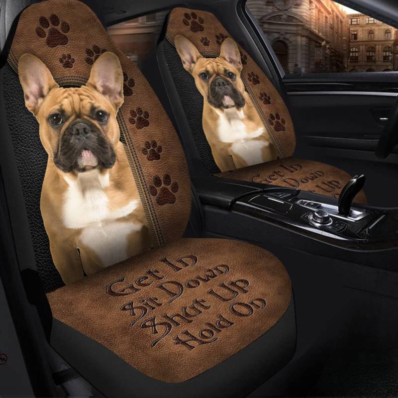 456 Sitzbezüge Set Universal Hellbraune Französische Bulldogge Mit Hundetatzen-Ledermuster Sitzbezug Auto Vordersitze Universell Passende Autositzbezüge Für Fahrzeuge, Lastwagen, Wohnmobil, 52X138Cm von 456