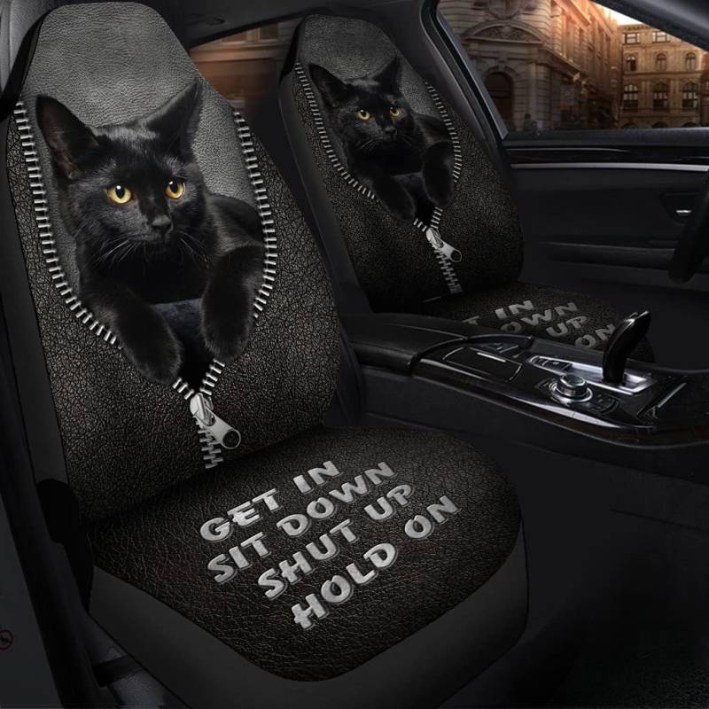 Sitzbezüge Set Universal Nettes Katzen-Schwarzes Aus Reißverschluss-Schwarz-Leder-Muster Autositzbezüge Einfach Zu Montierende Autoschonbezüge Für Lastwagen, Suvs, Autos, 52X138Cm von 456