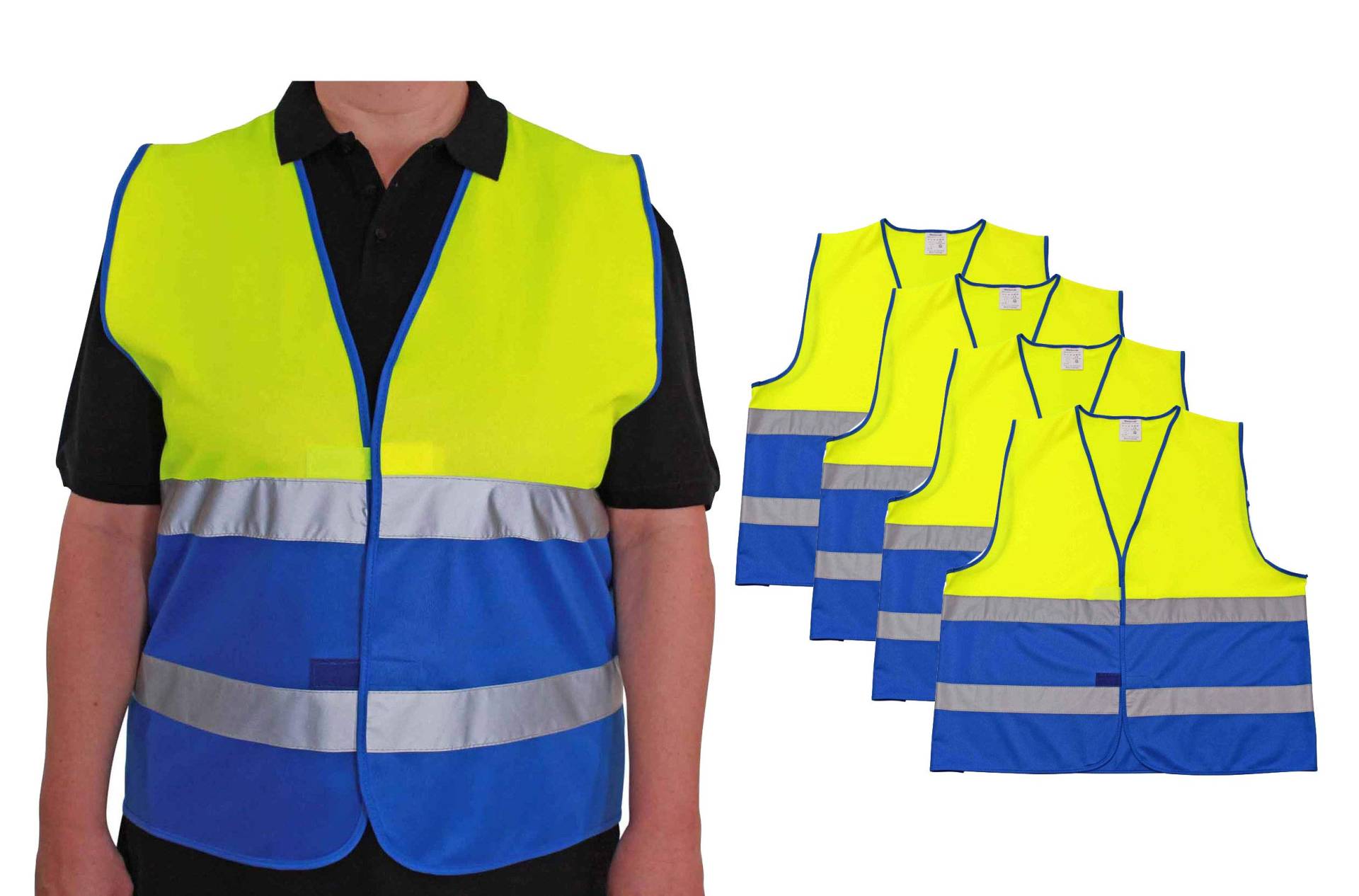 4business 4 Stück Warnweste gelb blau EN ISO 20471 für Erwachsene Größen S - 3XL Polyester waschbar Sicherheitsweste Signalweste 4er Set (2XL/3XL) von 4business
