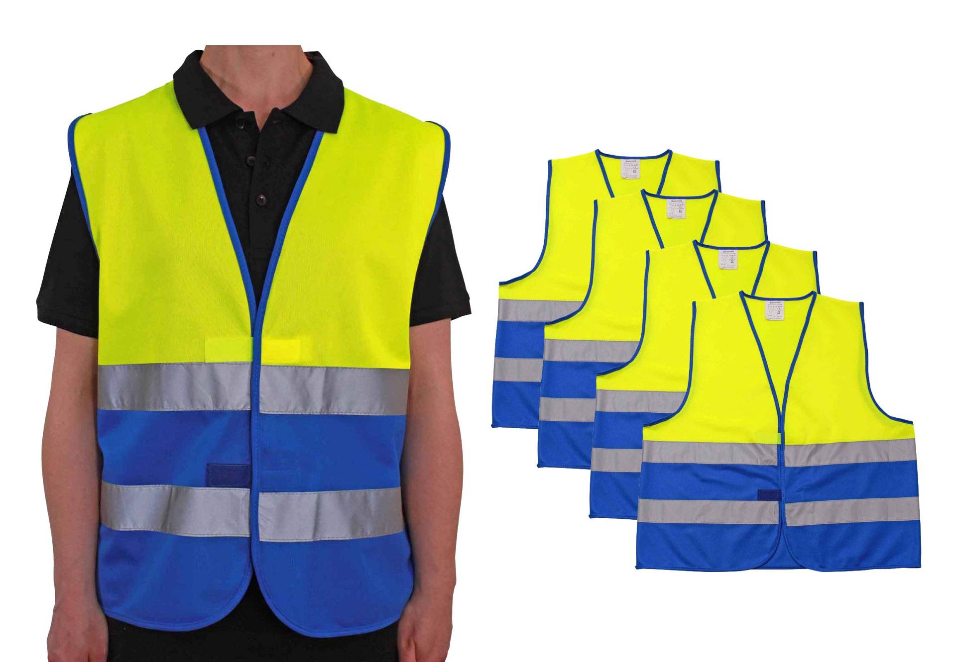 4business 4 Stück Warnweste gelb blau EN ISO 20471 für Erwachsene Größen S - 3XL Polyester waschbar Sicherheitsweste Signalweste 4er Set (S/M) von 4business