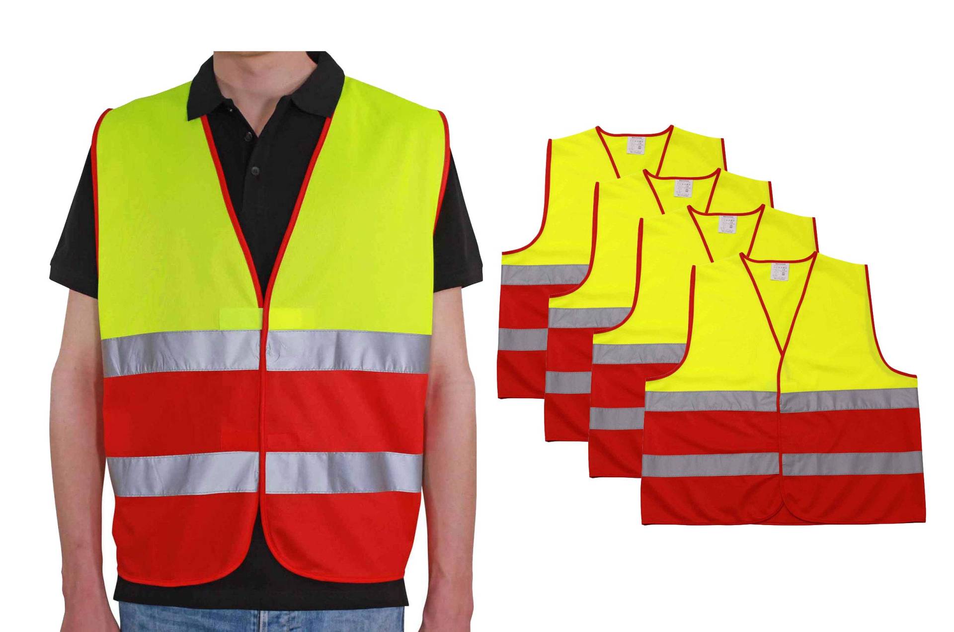 4business 4 Stück Warnweste gelb rot EN ISO 20471 für Erwachsene Größen S - 3XL Polyester waschbar Sicherheitsweste Signalweste 4er Set (L/XL) von 4business