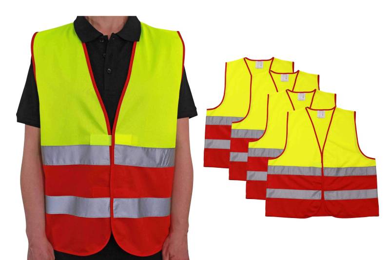 4business 4 Stück Warnweste gelb rot EN ISO 20471 für Erwachsene Größen S - 3XL Polyester waschbar Sicherheitsweste Signalweste 4er Set (S/M) von 4business