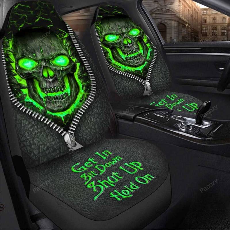 501 Sitzbezüge Set Universal Grüner Totenkopf In Schwarzer Reißverschlussjacke Auto Sitzbezüge Klassisch Autositzbezüge Für Fahrzeuge, Wagen, 52x138cm von 501