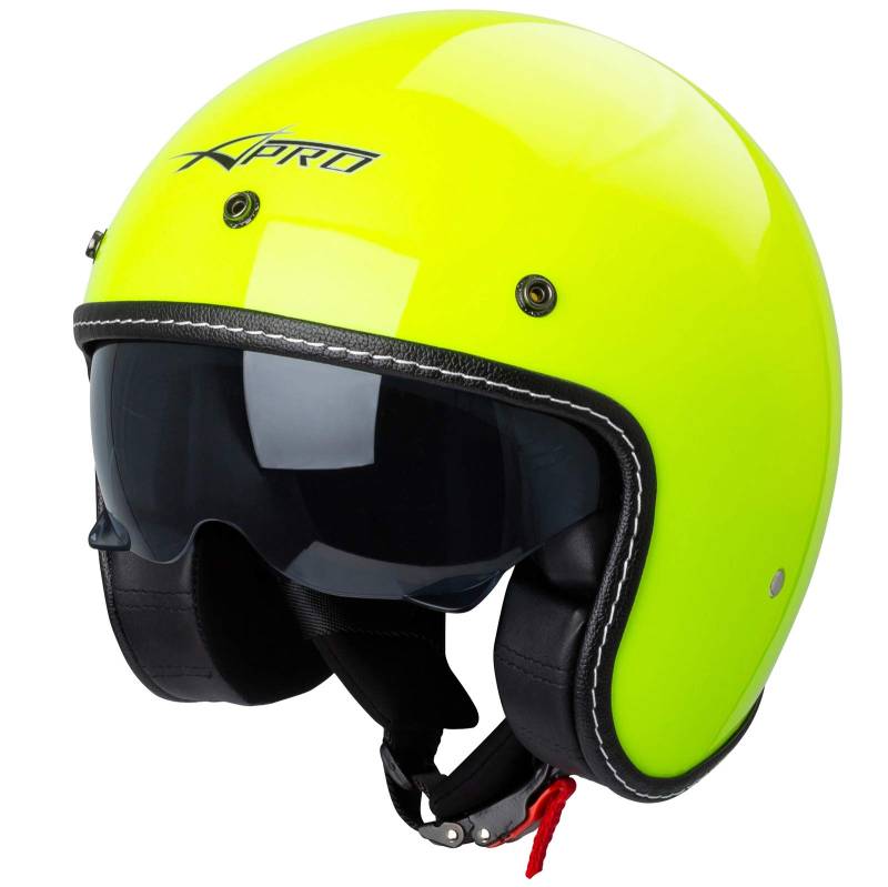 Motorrad Jet Helm Cafe Racer ECE 22-06 Sonnenblende Scooter Fluo L von A-Pro