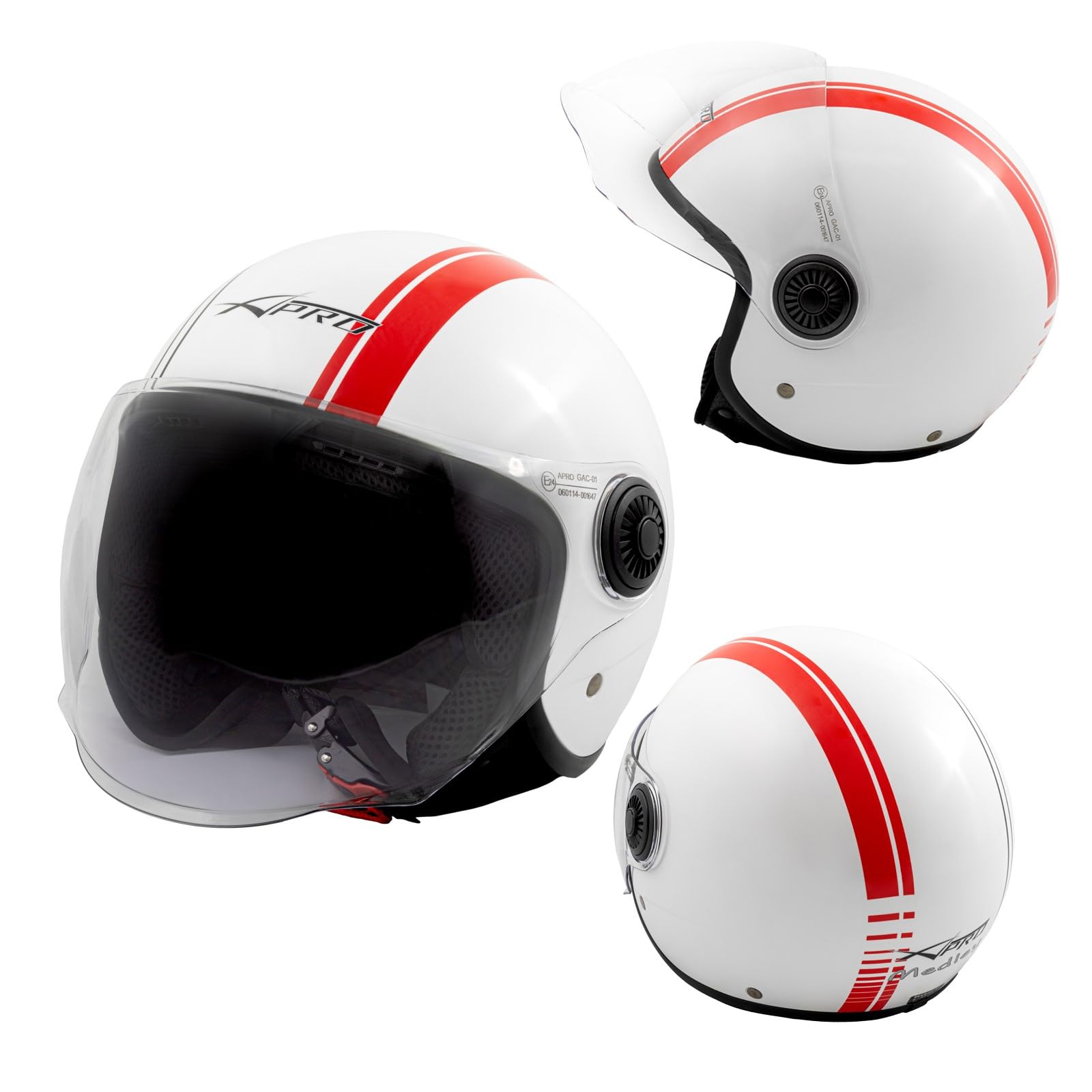 A-Pro Jet Moto Helm Weiß ECE 06 Zugelassen Rot Grafik Scooter S von A-Pro