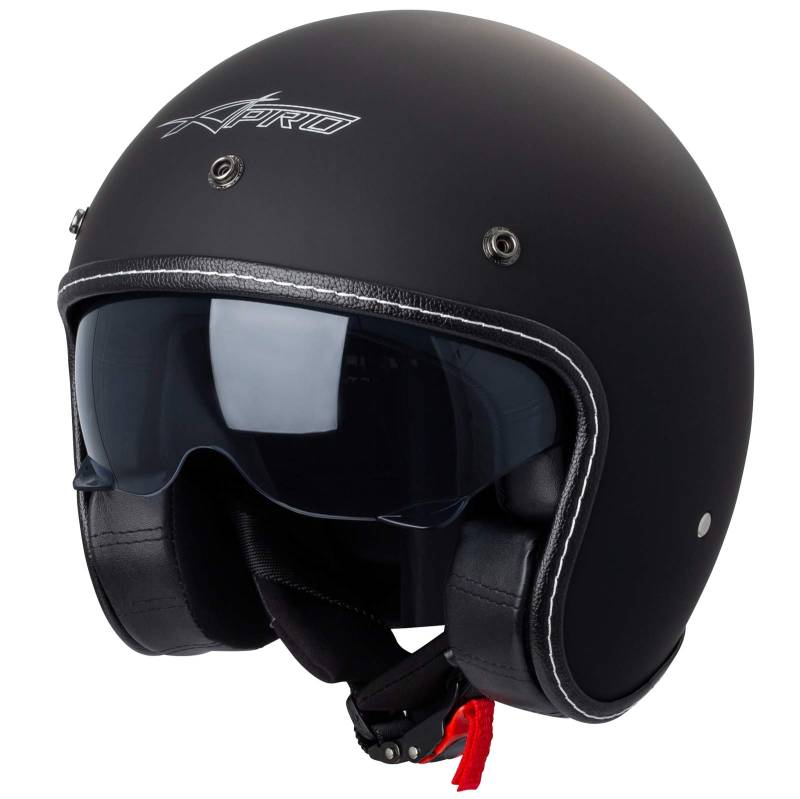 A-Pro Motorrad Jet Helm Cafe Racer ECE 22-06 Sonnenblende Scooter Matt Schwarz XXL von A-Pro