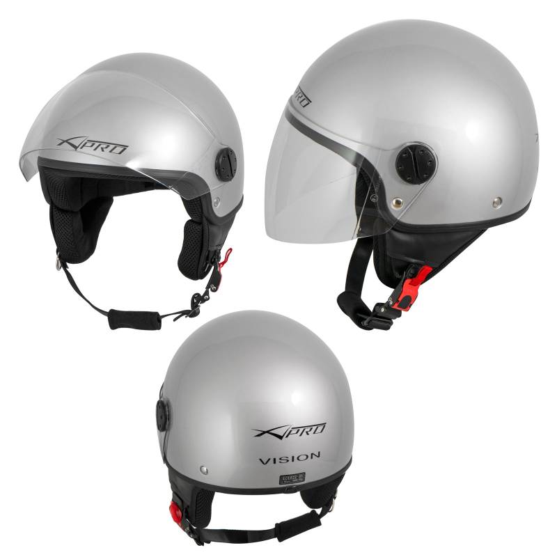 A-Pro Motorradhelm Motorrad Roller Jet Helm Demi Mit Viser Silber S von A-Pro