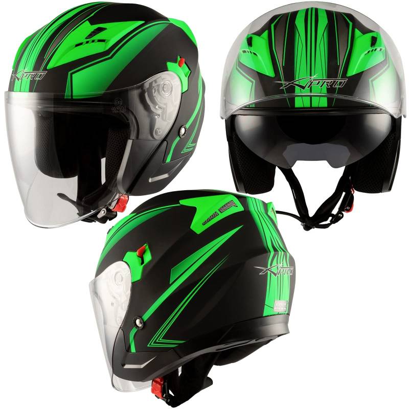 Doppeltvisier Jet Motorradhelm City Zertifikat ECE 22-05 Mattt Schwarz Grün XS von A-Pro