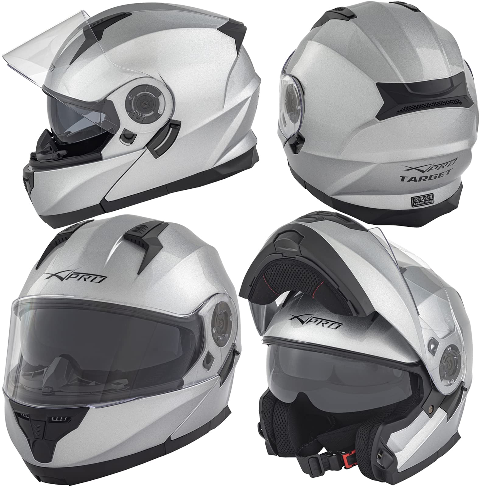 Helm Modular Motorradhelm Innensonnenblende Klapphelm Silber XL von A-Pro