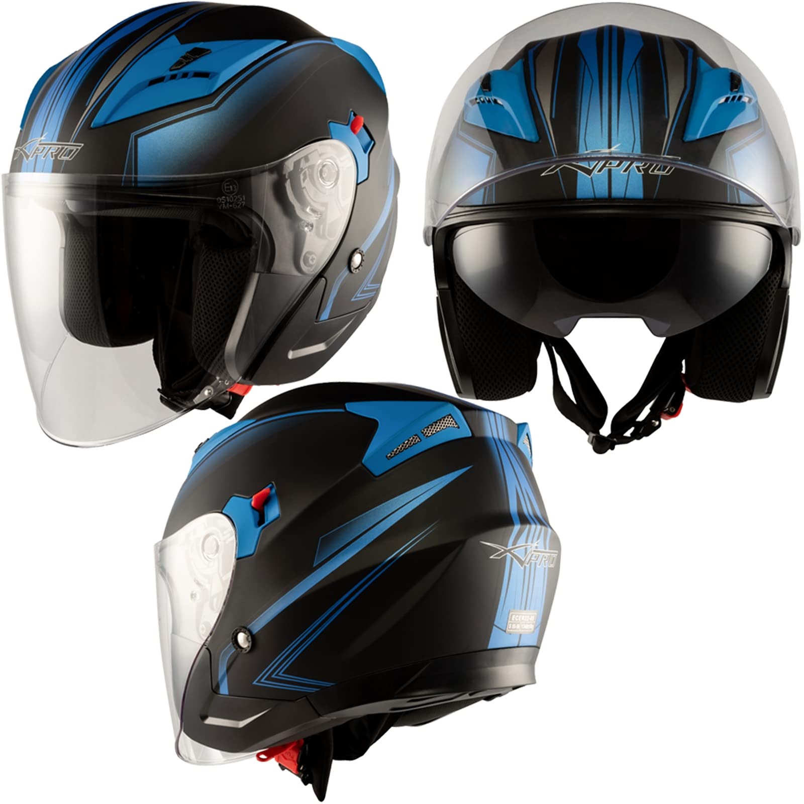 Jet Motorradhelm City Zertifikat ECE 22-05 Doppeltvisier Mattt Schwarz Blau S von A-Pro