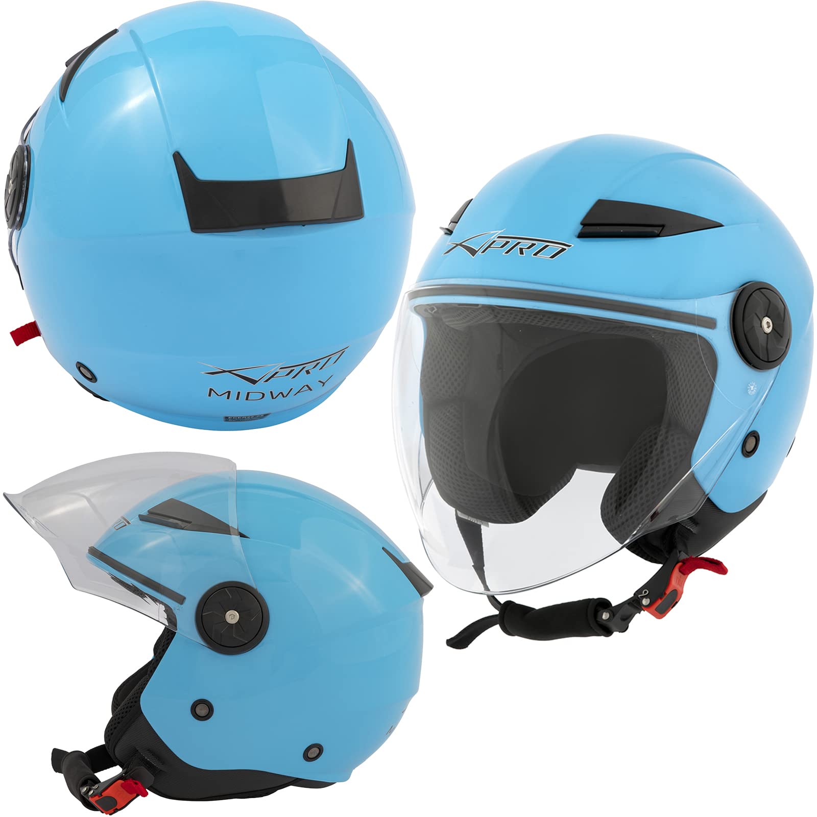 Motorradhelm Jet Lange Visier Roller City ECE 22 Zertifikat Hellblau XS von A-Pro