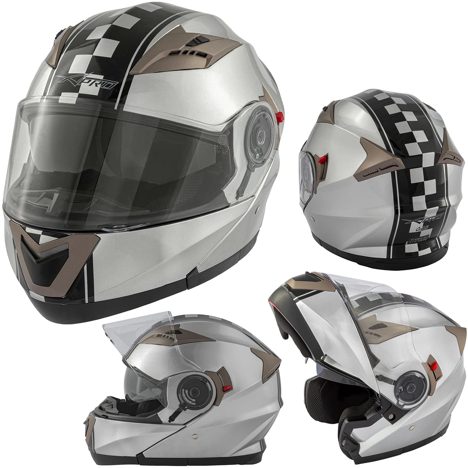 A-Pro Motorradhelm Klapphelm Doppelvisier Grafik Touring ECE 22 Genehmigt Silber S von A-Pro