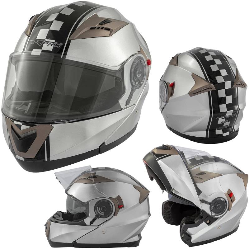 Motorradhelm Klapphelm Doppelvisier Grafik Touring ECE 22 Genehmigt Silber S von A-Pro