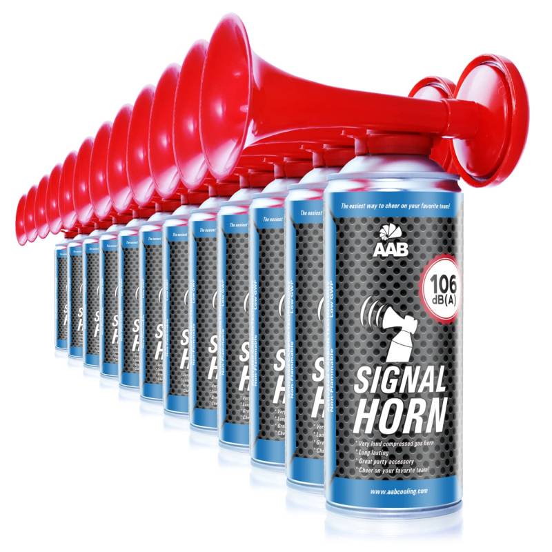 12 x AAB Signal Horn – Laut Air Horn 106 dB(A), Tröten Fußball Mit Nicht Brennbarem Gas, Bis Zu 120 Kurze Pieptöne, Lufthorn, Vuvuzela, Pressluft Gashupe, Drucklufthupe, Druckluftfanfare von AABCOOLING