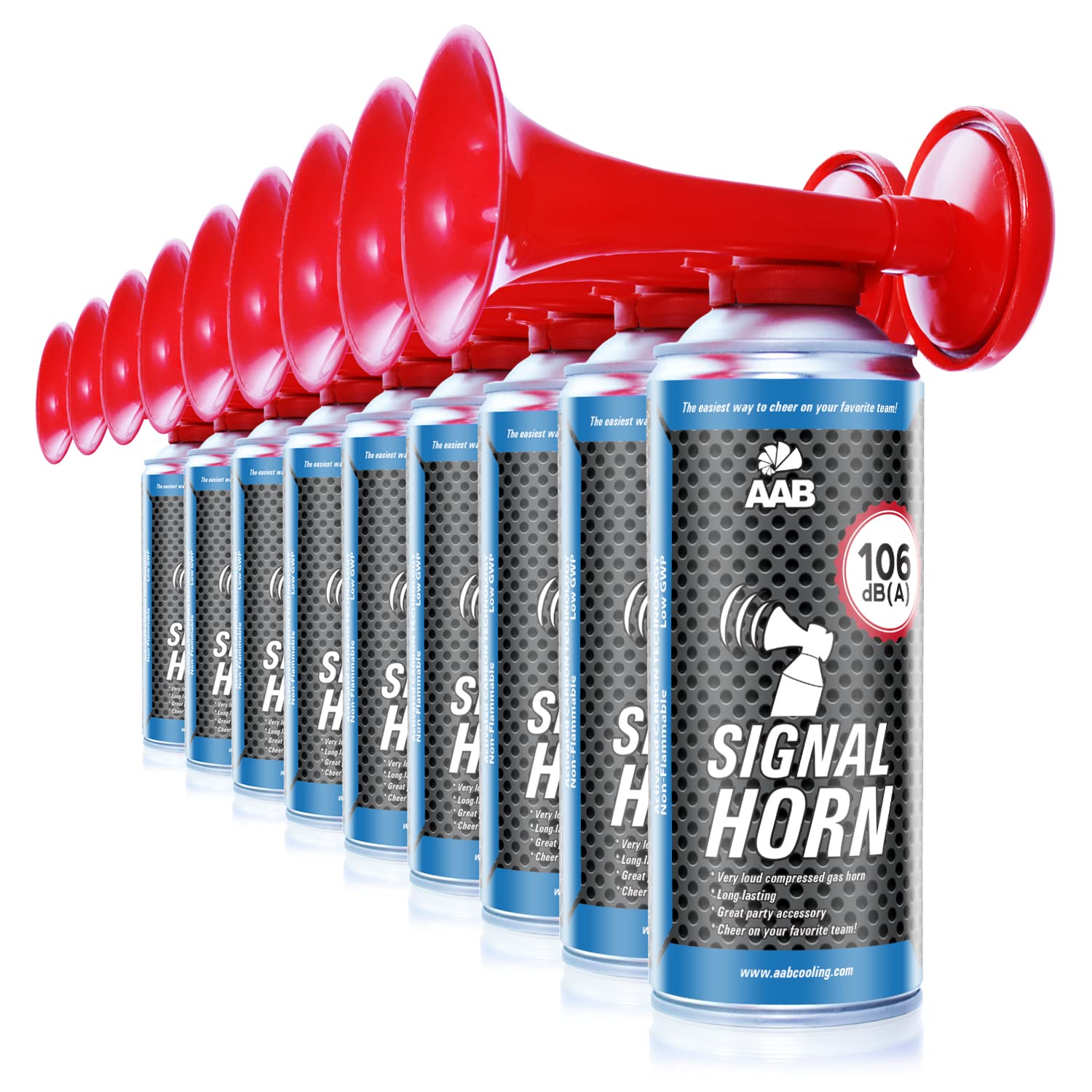 9 x AAB Signal Horn – Laut Air Horn 106 dB(A), Tröten Fußball Mit Nicht Brennbarem Gas, Bis Zu 120 Kurze Pieptöne, Lufthorn, Vuvuzela, Pressluft Gashupe, Drucklufthupe, Druckluftfanfare von AABCOOLING