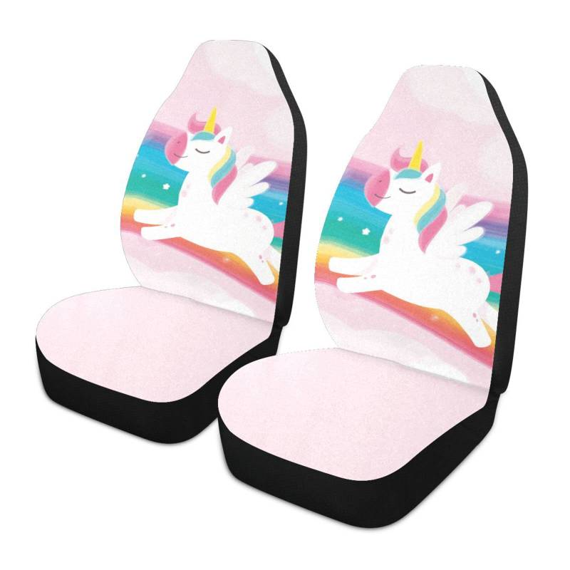 Rosa Regenbogen-Fliegen-Einhorn-Autositzbezüge für Damen, Vordersitze, passend für Autos, SUV, LKW, Limousine, Sitzbezüge mit Organizer-Tasche von AAJJINA