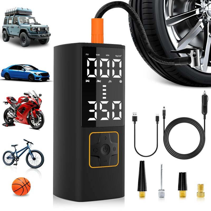 AAMHHM Reifenfüller Tragbarer Luftkompressor Kabellose 150PSI Auto-Luftpumpe LED-Anzeige Auto-Off mit Akku und DC 12V Notbeleuchtung für Auto Fahrrad Ball von AAMHHM