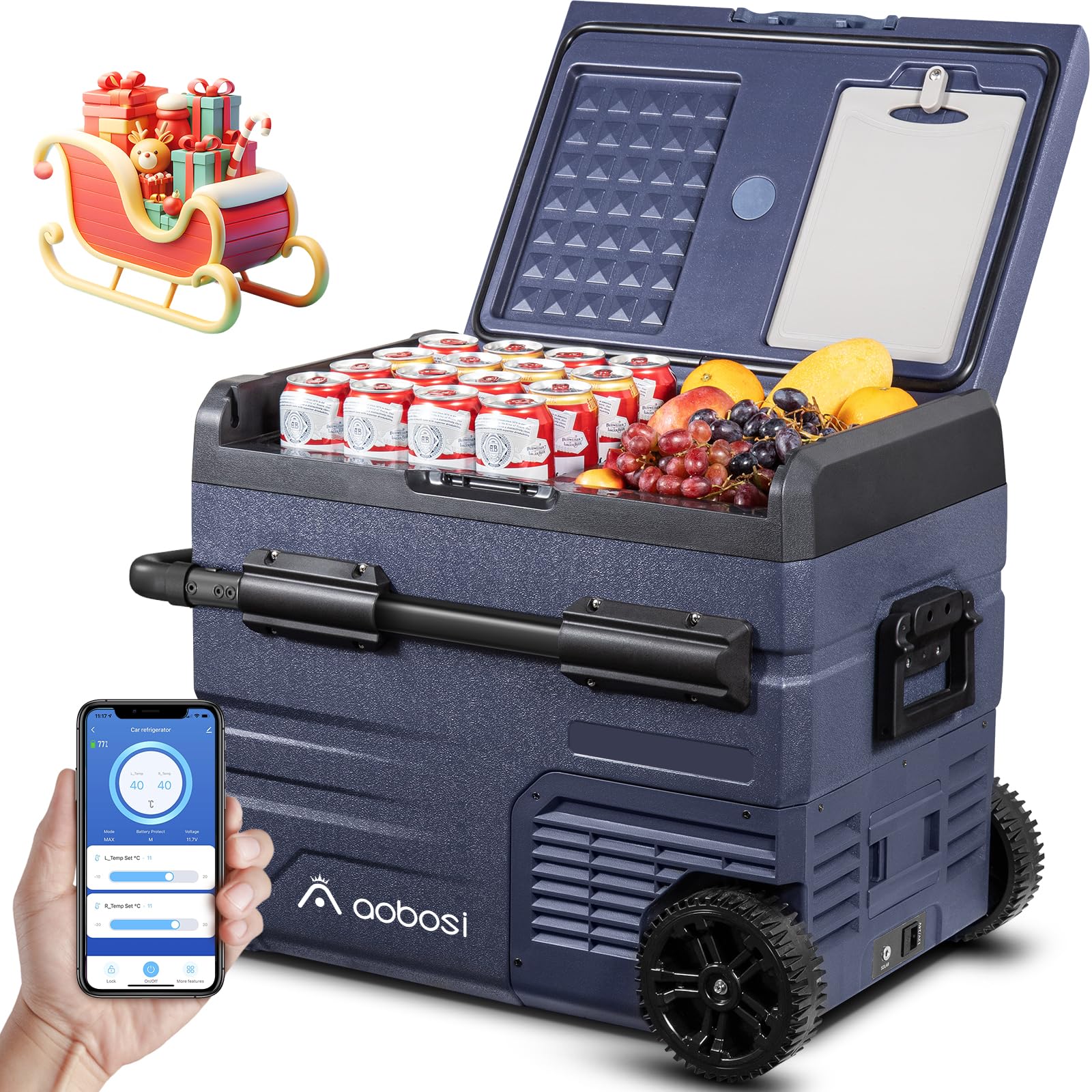 AAOBOSI Kompressor Kühlbox 45L, Kühlbox Auto Tragbar mit APP-Steuerung, WiFi, bis -20 °C Kühlbox 12v 230v mit USB-Anschluss, Kühlbox mit Akku LED-Touch für Lkw, Boot, Reisemobil, Dual Zone Gefrierfach von AAOBOSI