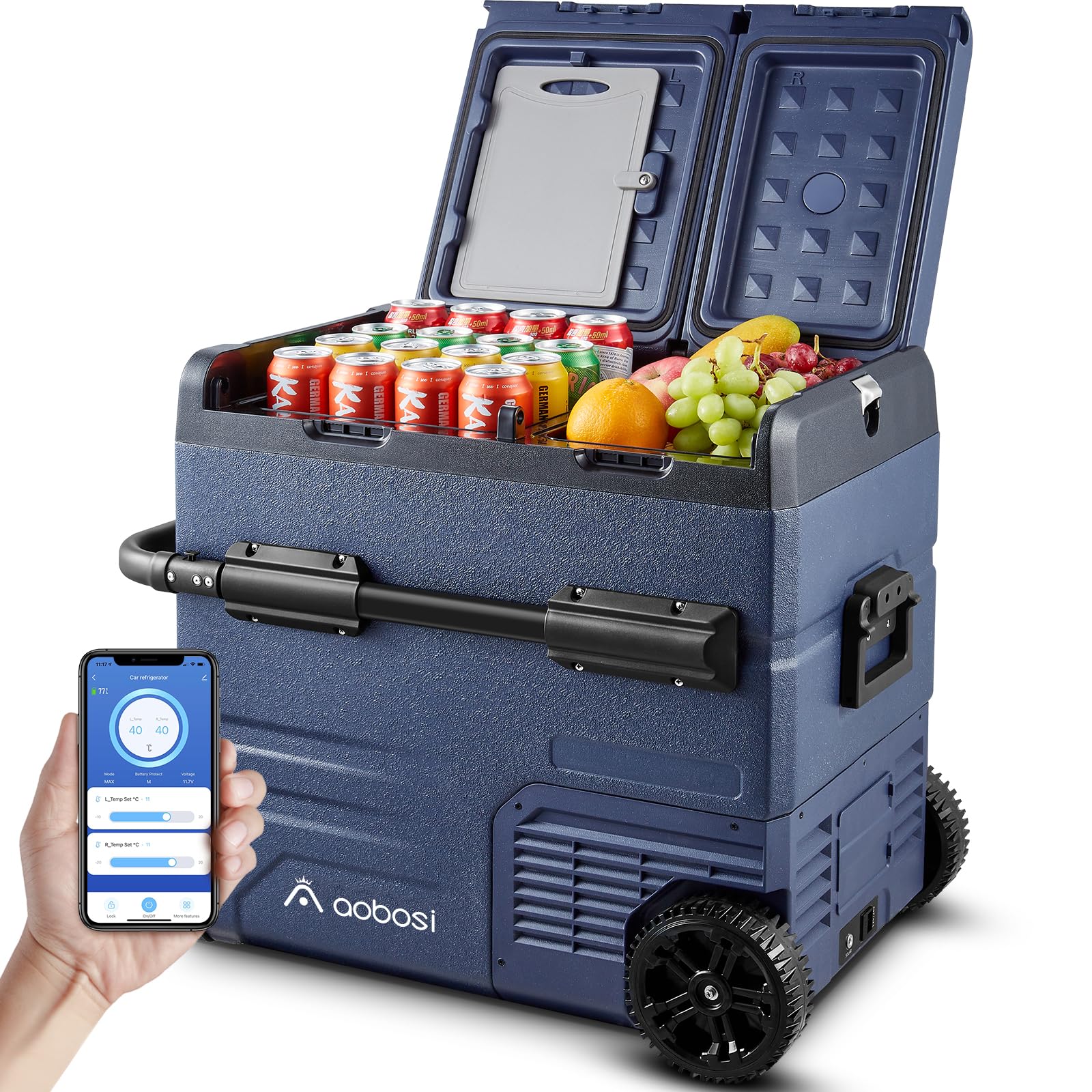 AAOBOSI 55L Kompressor Kühlbox, Dual Zone, Kühlbox Auto mit APP, USB-Handy-Ladung, LED-Beleuchtung, 12/24 V und 100-240 V, Kühlbox Kompressor mit Rädern, für Auto, Buggy, LKW, Boot, Camping und Reisen von AAOBOSI