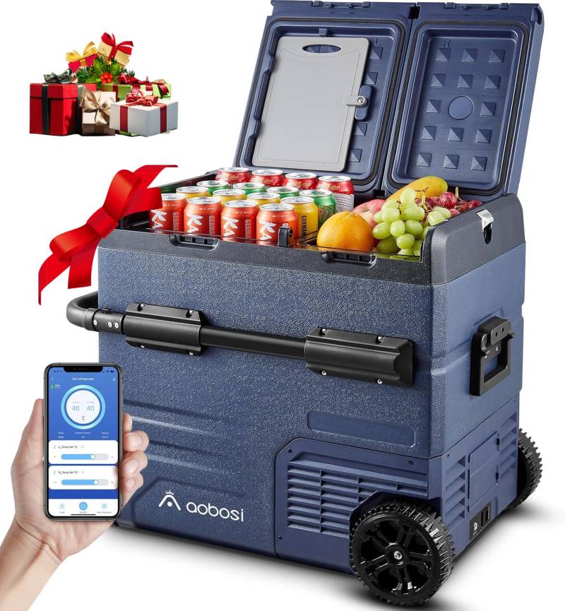 AAOBOSI 55L Kompressor Kühlbox, Dual Zone, Kühlbox Auto mit APP, USB-Handy-Ladung, LED-Beleuchtung, 12/24 V und 100-240 V, Kühlbox Kompressor mit Rädern, für Auto, Buggy, LKW, Boot, Camping und Reisen von AAOBOSI