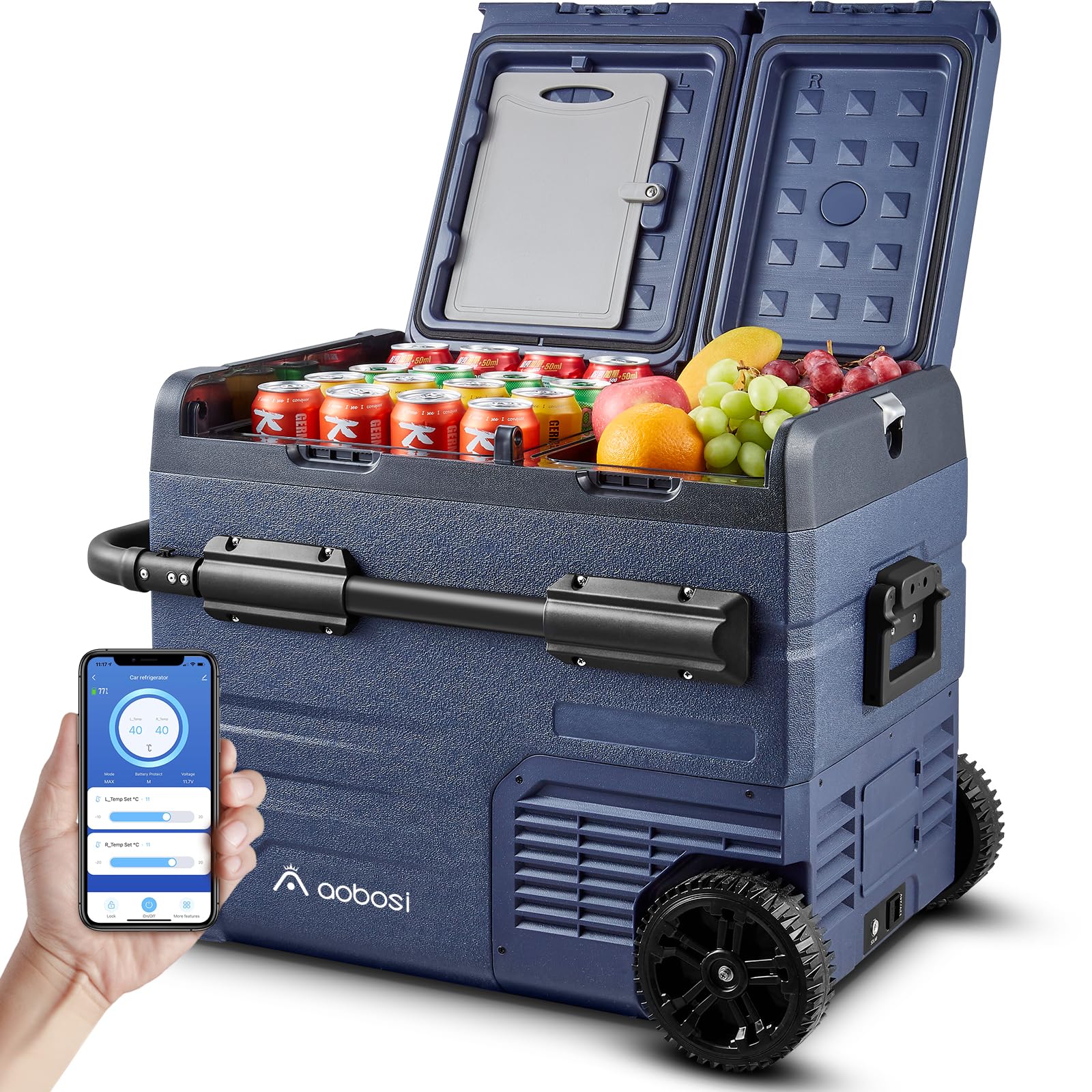 AAOBOSI 45L Kompressor Kühlbox, Dual Zone, Kühlbox Auto mit APP, USB-Handy-Ladung, LED-Beleuchtung, 12/24 V und 100-240 V, Kühlbox Kompressor mit Rädern, für Auto, Buggy, LKW, Boot, Camping und Reisen von AAOBOSI