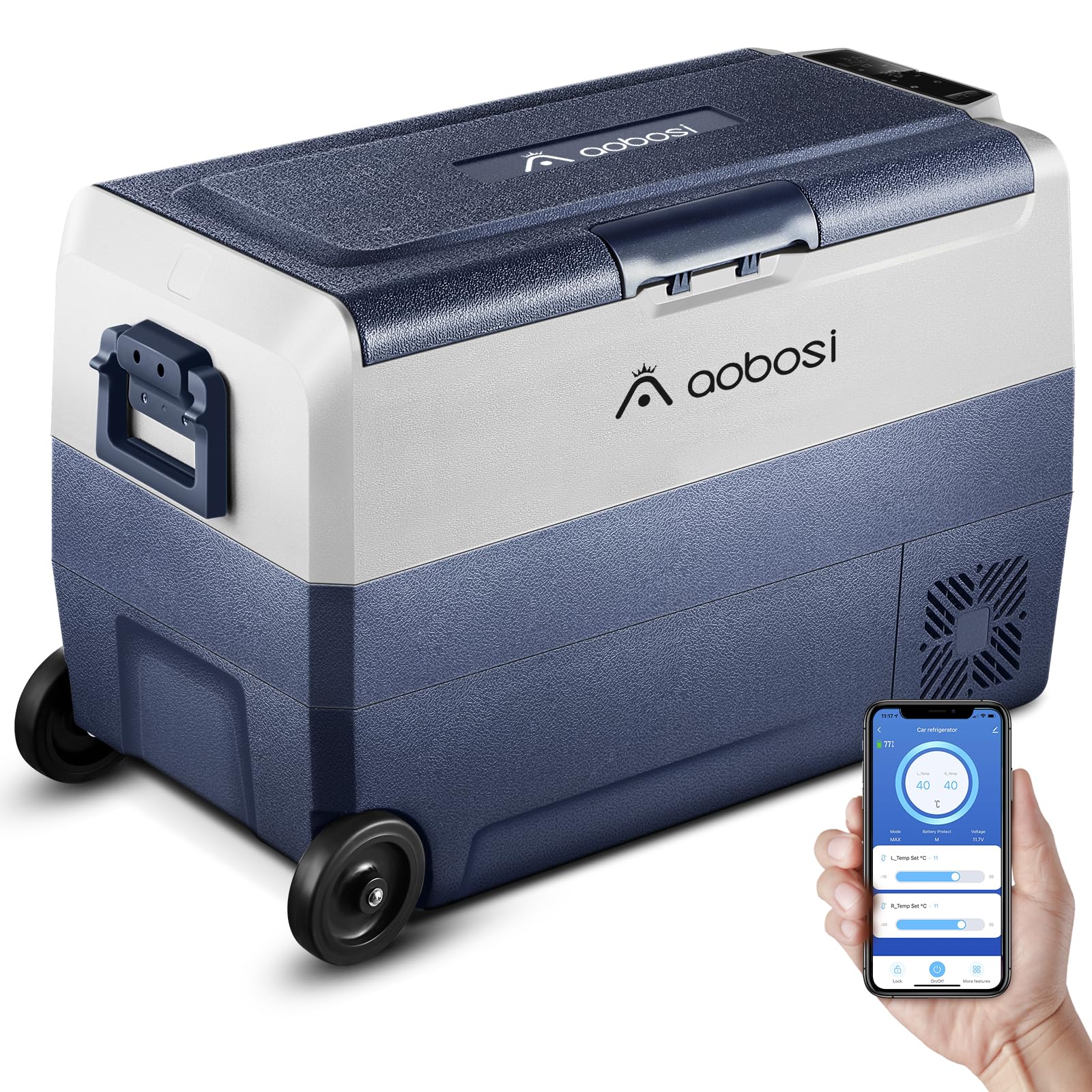 AAOBOSI Kompressor Kühlbox 50 L, Kühlbox Auto Mit WiFi-APP-Steuerung, 12/24 V und 100-240 V Kühlbox Elektrisch, bis -20 °C für Auto, LKW, Boot, Reisemobil, Camping, Dual Zone und Zwei Temperaturen von AAOBOSI