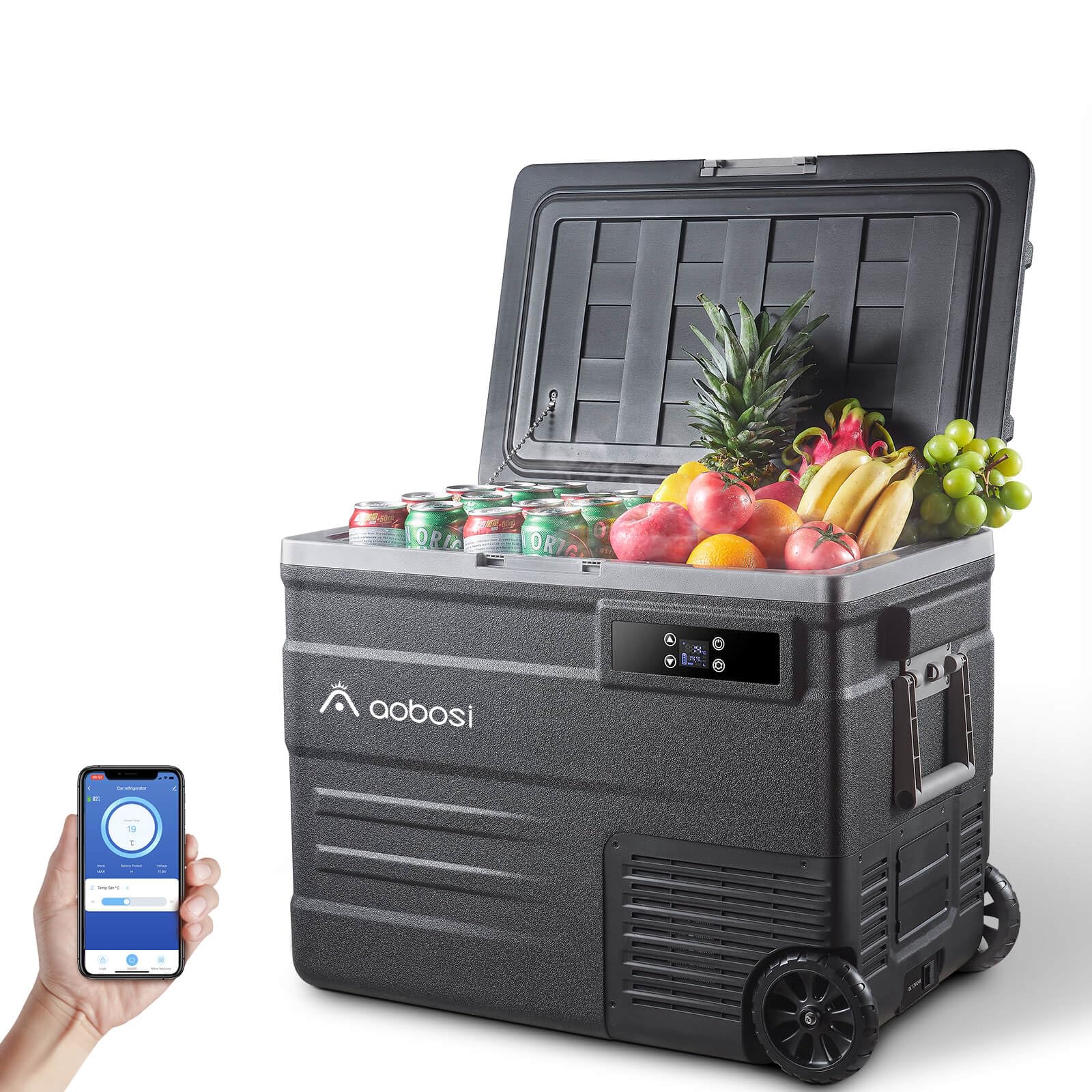 AAOBOSI Kompressor Kühlbox 55L, Kühlbox Auto Mit WIFI-APP-Steuerung, 12/24 V und 100-240 V, Kühlbox Elektrisch bis -20 °C für Auto, Lkw, Boot, Reisemobil,Camping, Kann mit Akku benutzt werden von AAOBOSI