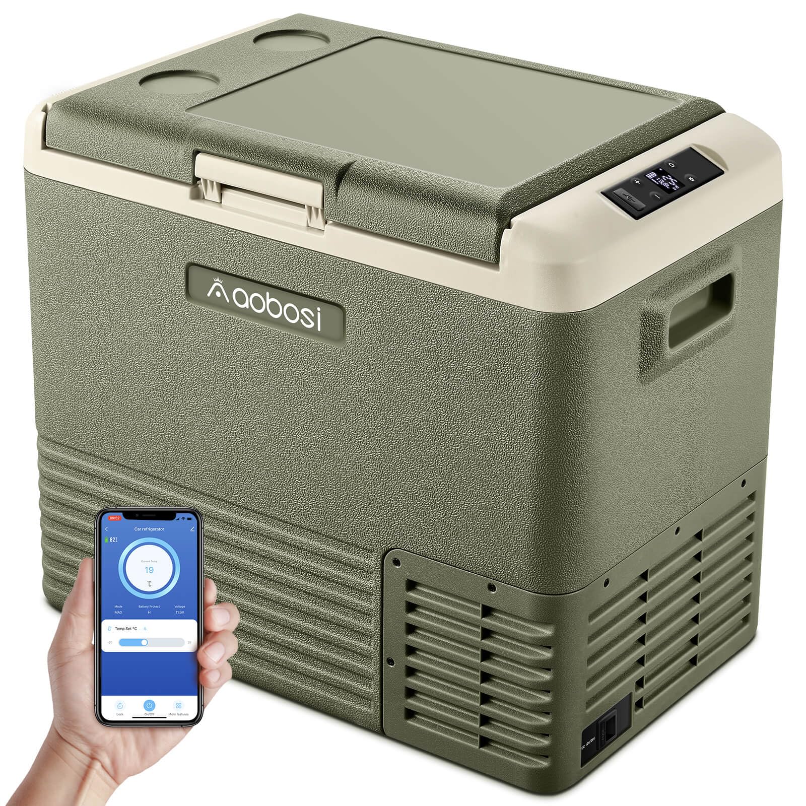 AAOBOSI Kühlbox Kompressor,Auto kühlbox 50L, Kühlbox für die Lagerung von Getränke und Essen, -20°C - 20°C, 12/24V.Auto kühlschrank geeignet für SUVs, Kleinwagen, Nutzfahrzeuge, Sportwagen und LKW., Green von AAOBOSI