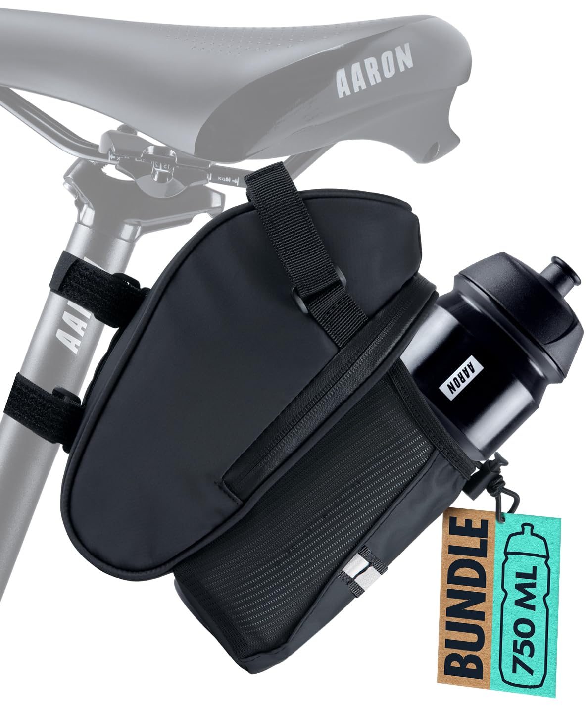 AARON Fahrrad Satteltasche mit Flaschenhalter, Wasserabweisende Fahrradtasche mit Reflektor, Satteltasche für E-Bike, Rennrad, Trekkingrad in schwarz von AARON