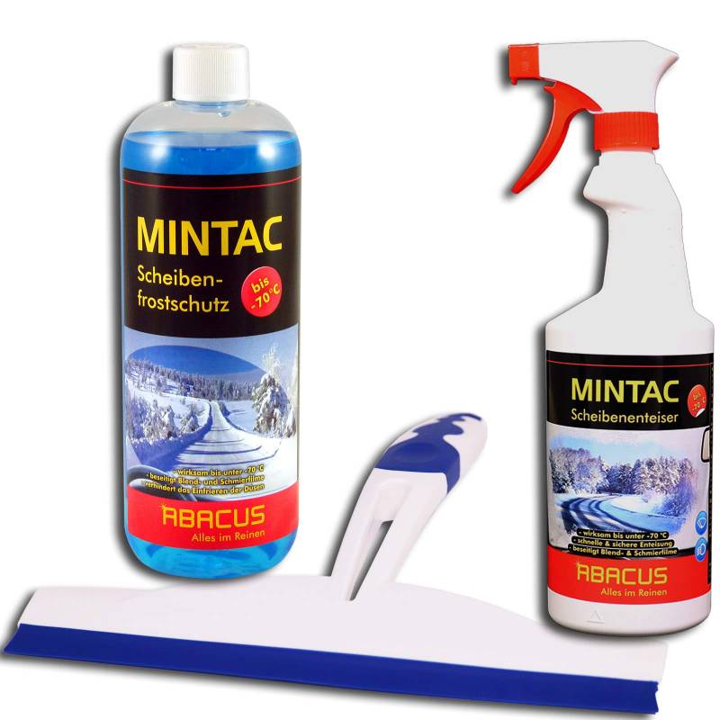 ABACUS® MINTAC Abzieher Set - 1x 1000 ml MINTAC Scheibenfrostschutz + 1x 750 ml MINTAC Scheibenenteiser + 1x Abzieher mit Doppellippe Enteiser Scheibenreiniger Glasreiniger Eislöser Spiegelreiniger von ABACUS